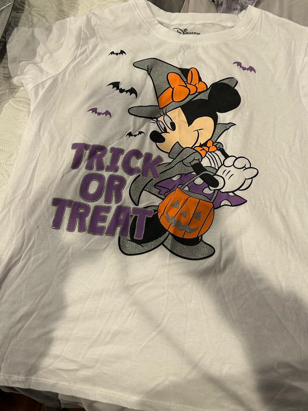Disney White Minnie Mouse Halloween Tee with Orange and Purple Accents